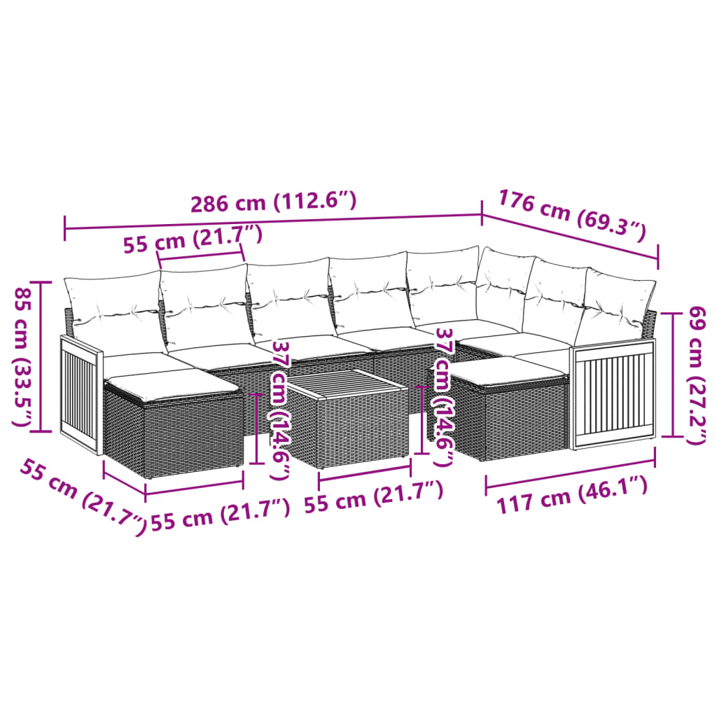 vidaXL 10 pcs conjunto de sofás p/ jardim com almofadões vime PE bege