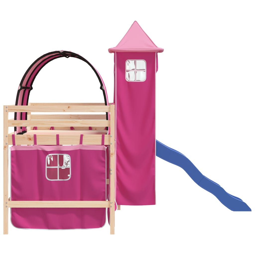 vidaXL Cama alta para criança com torre 90x190 cm pinho maciço rosa