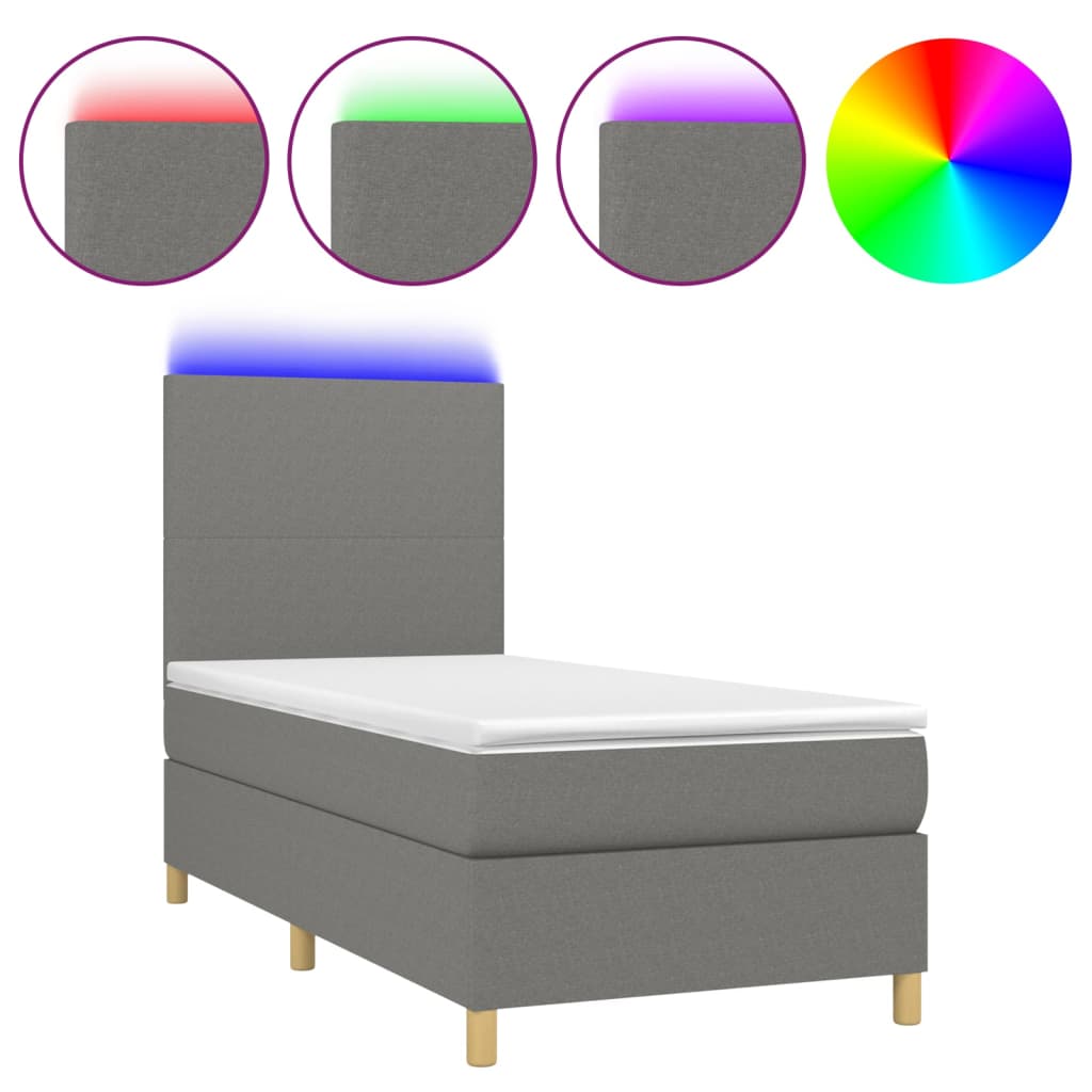 vidaXL Cama box spring c/ colchão e LED 90x190 cm tecido cinza-escuro