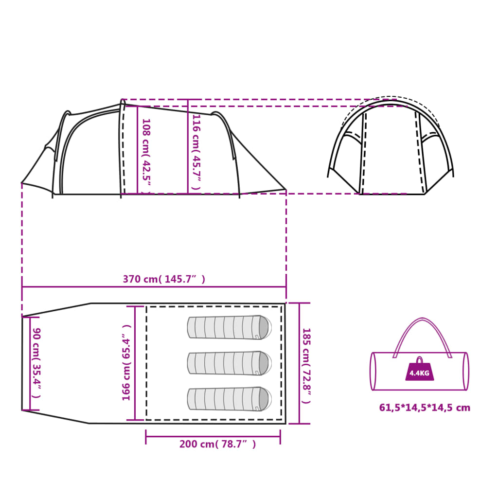 vidaXL Tenda de campismo túnel p/ 3 pessoas impermeável laranja