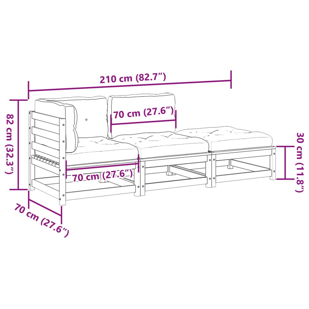 vidaXL 3 pcs conjunto sofás de jardim c/ almofadões pinho impregnado