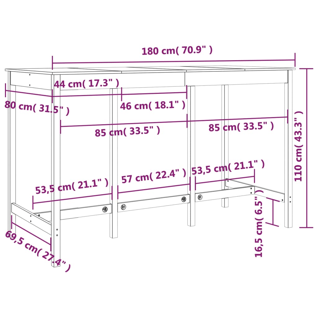 vidaXL Mesa de bar 180x80x110 cm madeira de pinho maciça branco