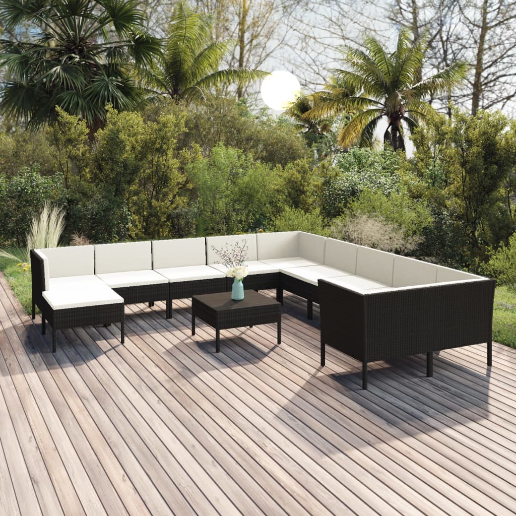 vidaXL 12 pcs conjunto lounge de jardim c/ almofadões vime PE preto