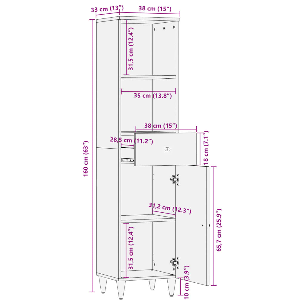 vidaXL Armário de casa de banho 38x33x160 cm mangueira maciça