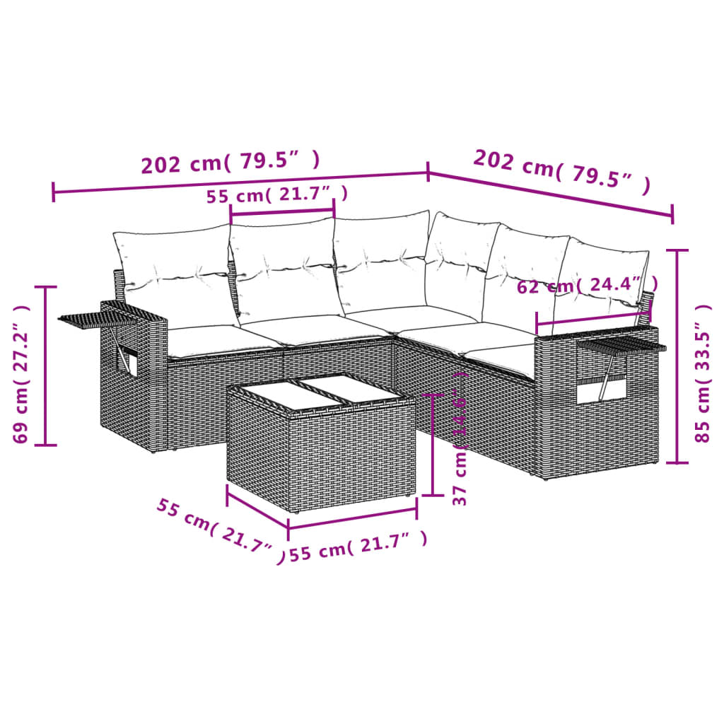 vidaXL 6 pcs conjunto sofás de jardim c/ almofadões vime PE preto