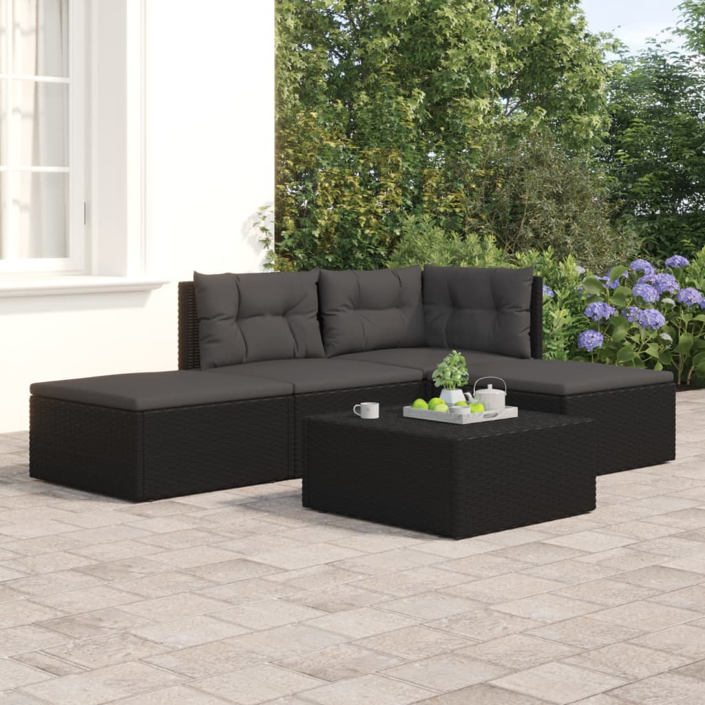 vidaXL 4 pcs conjunto lounge de jardim c/ almofadões vime PE preto