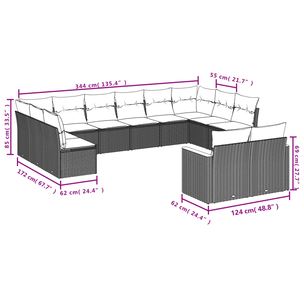 vidaXL 14 pcs conjunto de sofás p/ jardim com almofadões vime PE bege