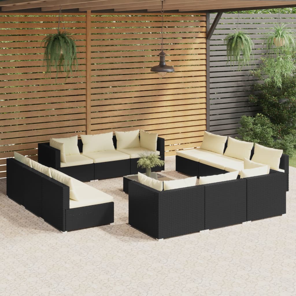 vidaXL 13 pcs conjunto lounge de jardim c/ almofadões vime PE preto