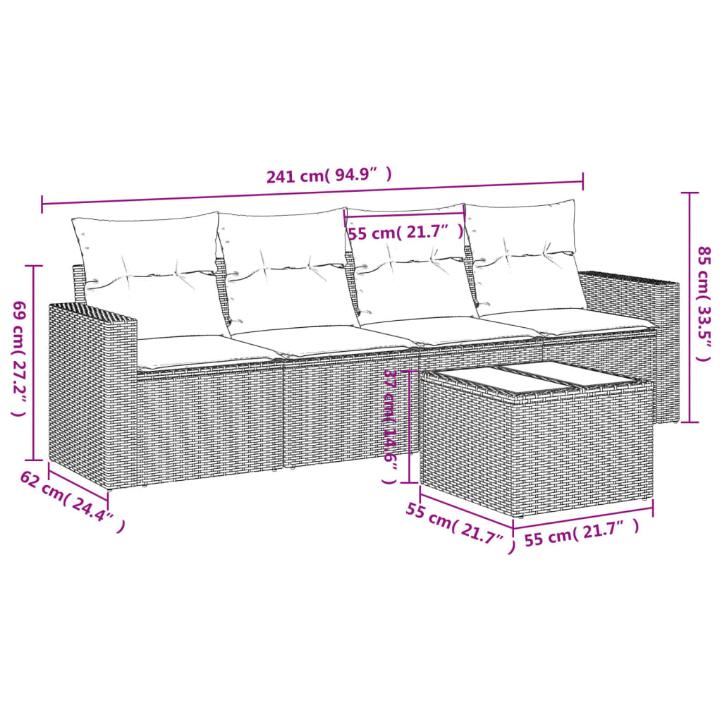 vidaXL 5 pcs conjunto sofás de jardim c/ almofadões vime PE cinzento