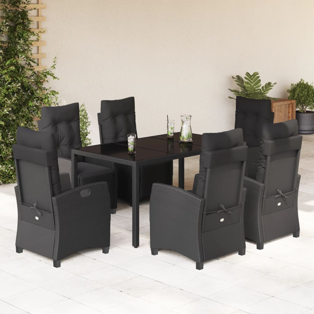 vidaXL 7 pcs conjunto de jantar p/ jardim c/ almofadões vime PE preto