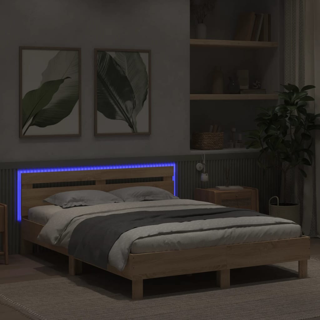 vidaXL Estrutura cama c/ cabeceira/luzes LED 140x200cm carvalho sonoma