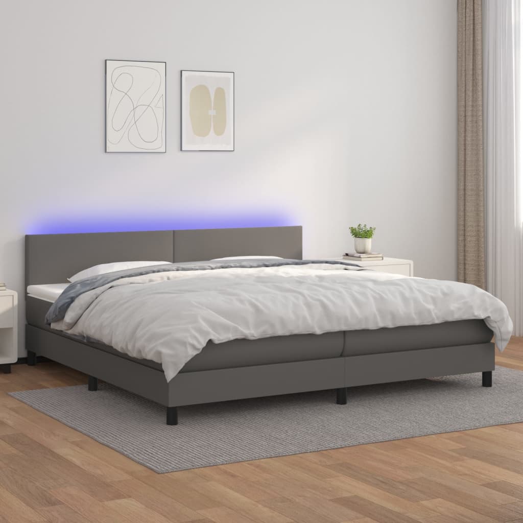 vidaXL Cama box spring c/ colchão/LED 200x200cm couro artificial cinza