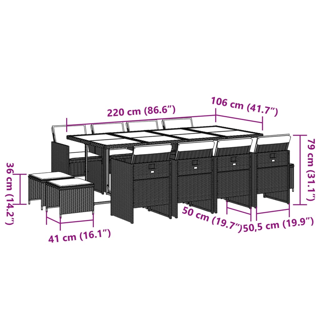 vidaXL 13 pcs conjunto jantar p/ jardim c/ almofadões vime PE cinzento