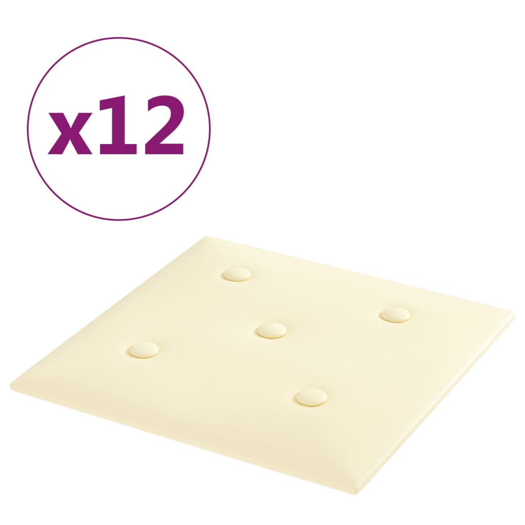 vidaXL Painel parede 12 pcs 30x30cm couro artificial 1,08 m² cor creme