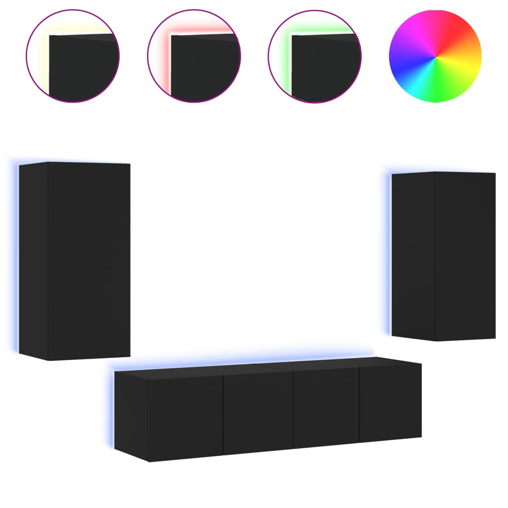 vidaXL 4 pcs móveis de parede p/ TV c/ LEDs derivados de madeira preto