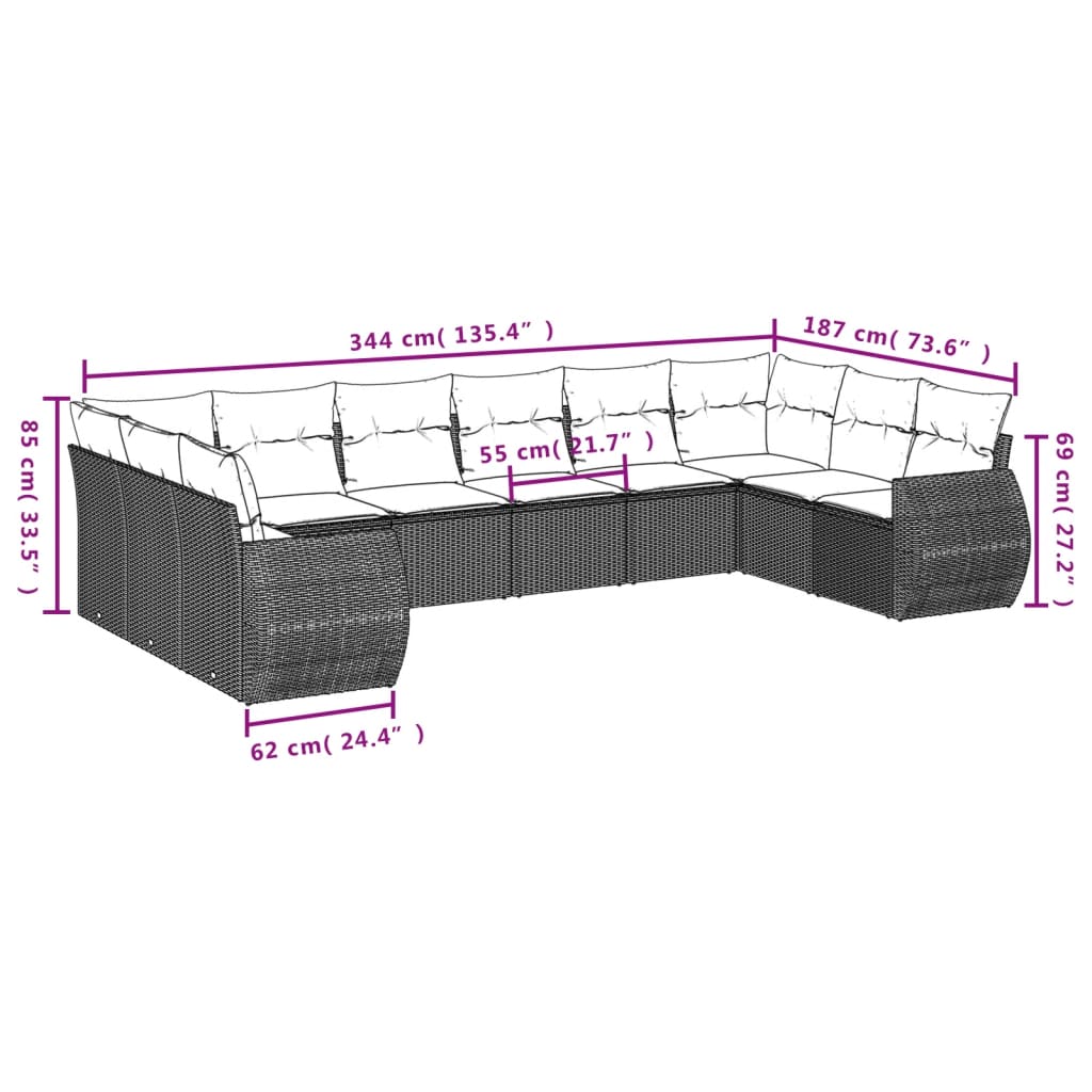 vidaXL 11 pcs conjunto sofás de jardim c/ almofadões vime PE preto