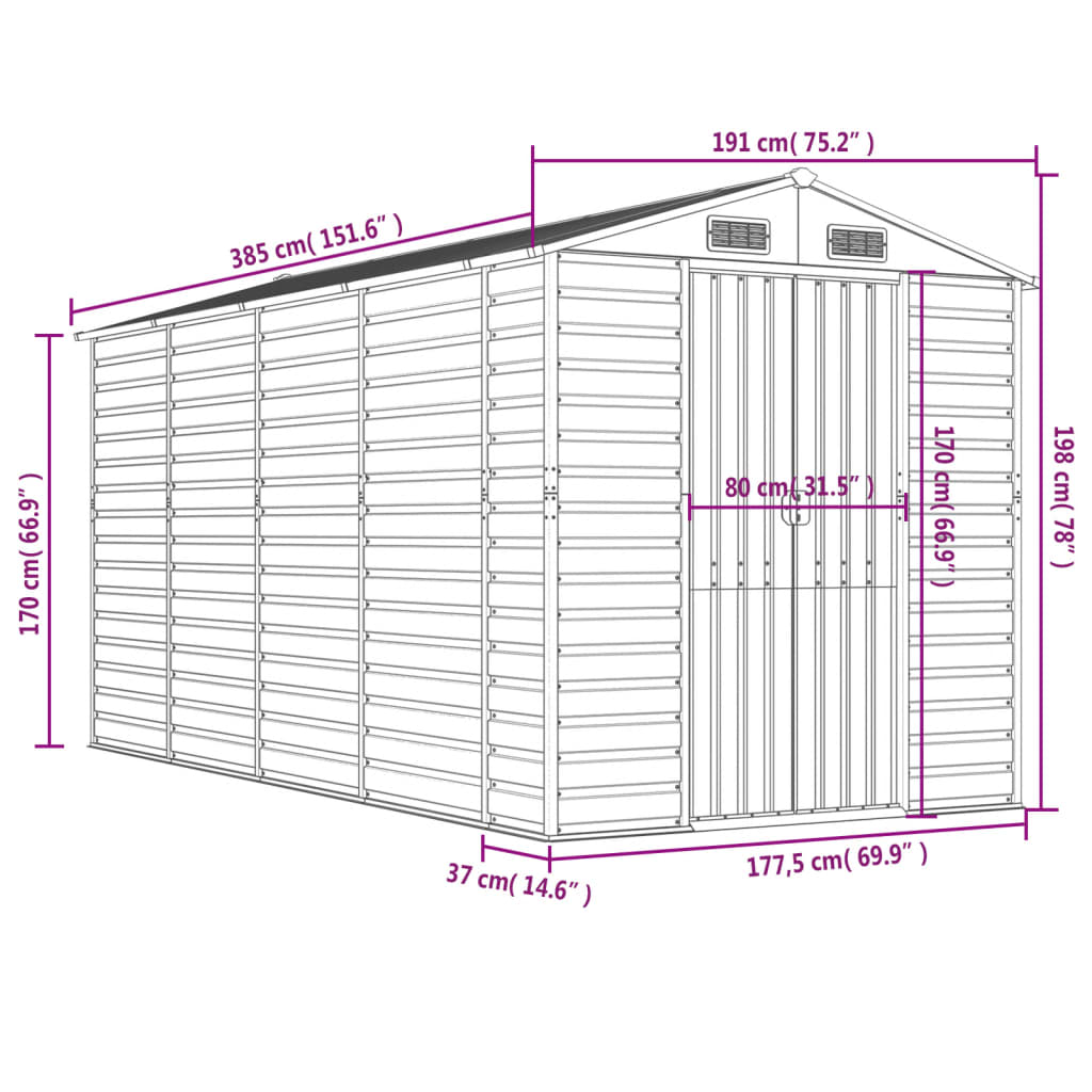 vidaXL Abrigo de jardim 191x385x198 cm aço galvanizado cinzento-claro