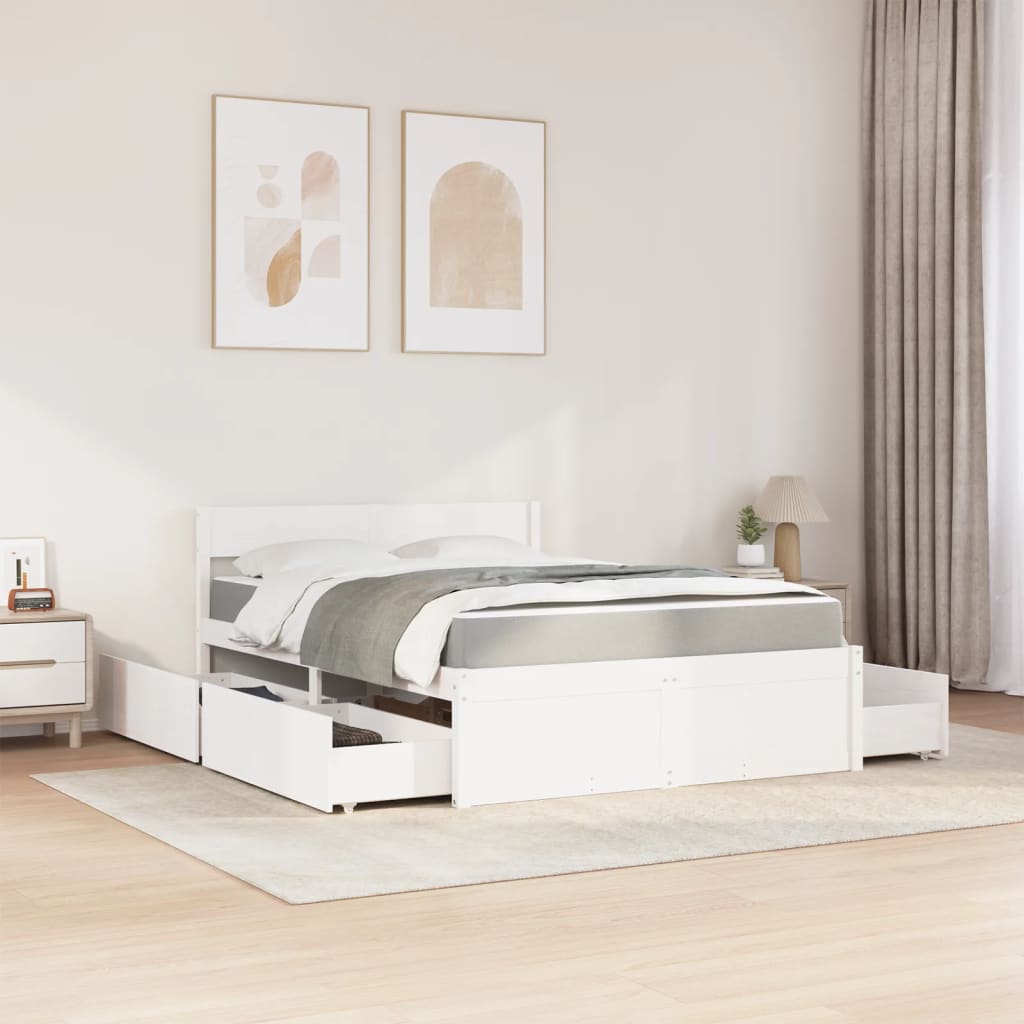 vidaXL Cama com gavetas e colchão 140x190 cm pinho maciço branco