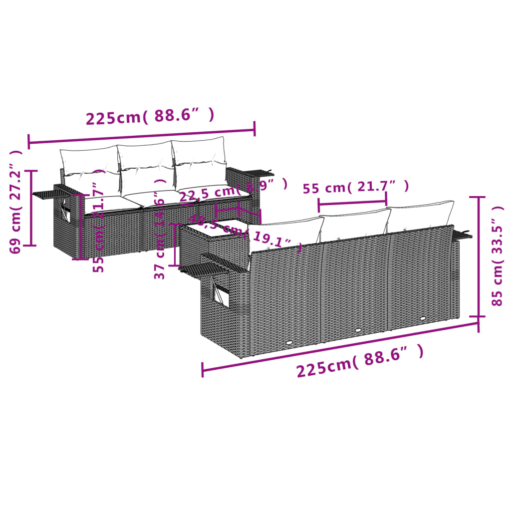 vidaXL 7 pcs conjunto de sofás p/ jardim c/ almofadões vime PE preto