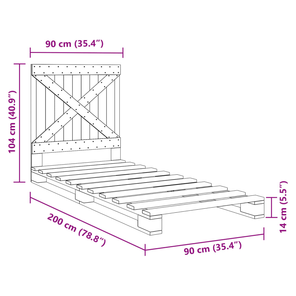 vidaXL Estrutura de cama com cabeceira 90x200 cm pinho maciço cinzento