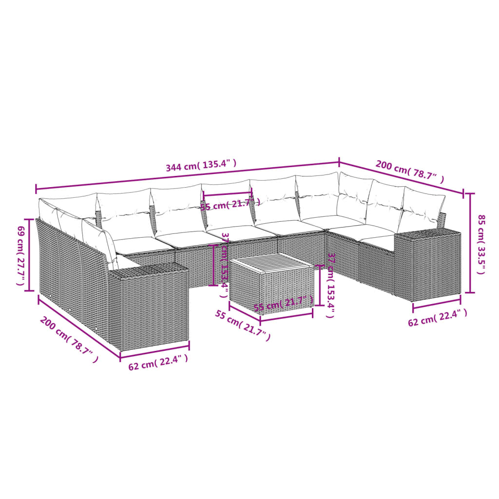 vidaXL 11 pcs conjunto sofás de jardim c/ almofadões vime PE cinzento