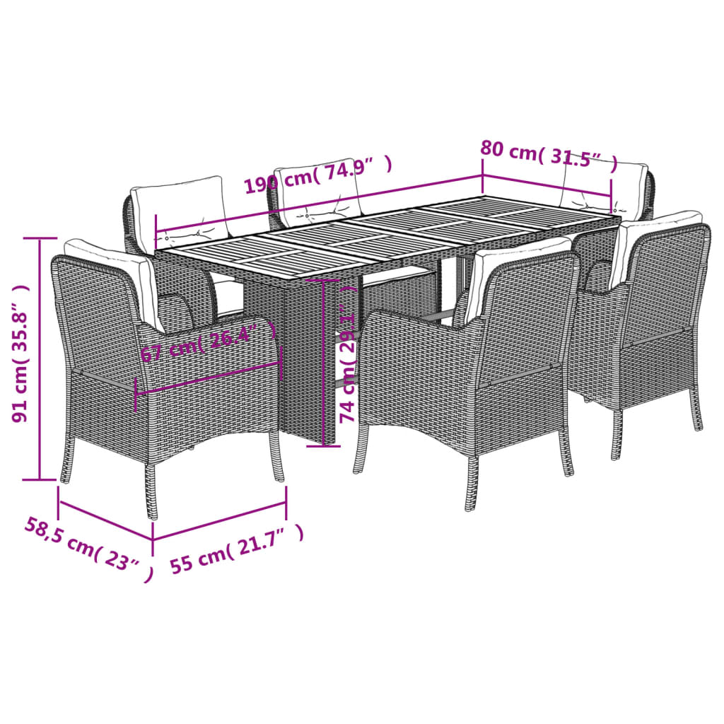 vidaXL 7 pcs conjunto de jantar p/ jardim c/ almofadões vime PE preto