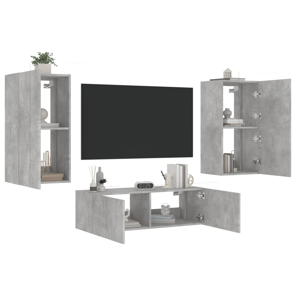 vidaXL 3 pcs móveis de parede para TV com luzes LED cinzento cimento