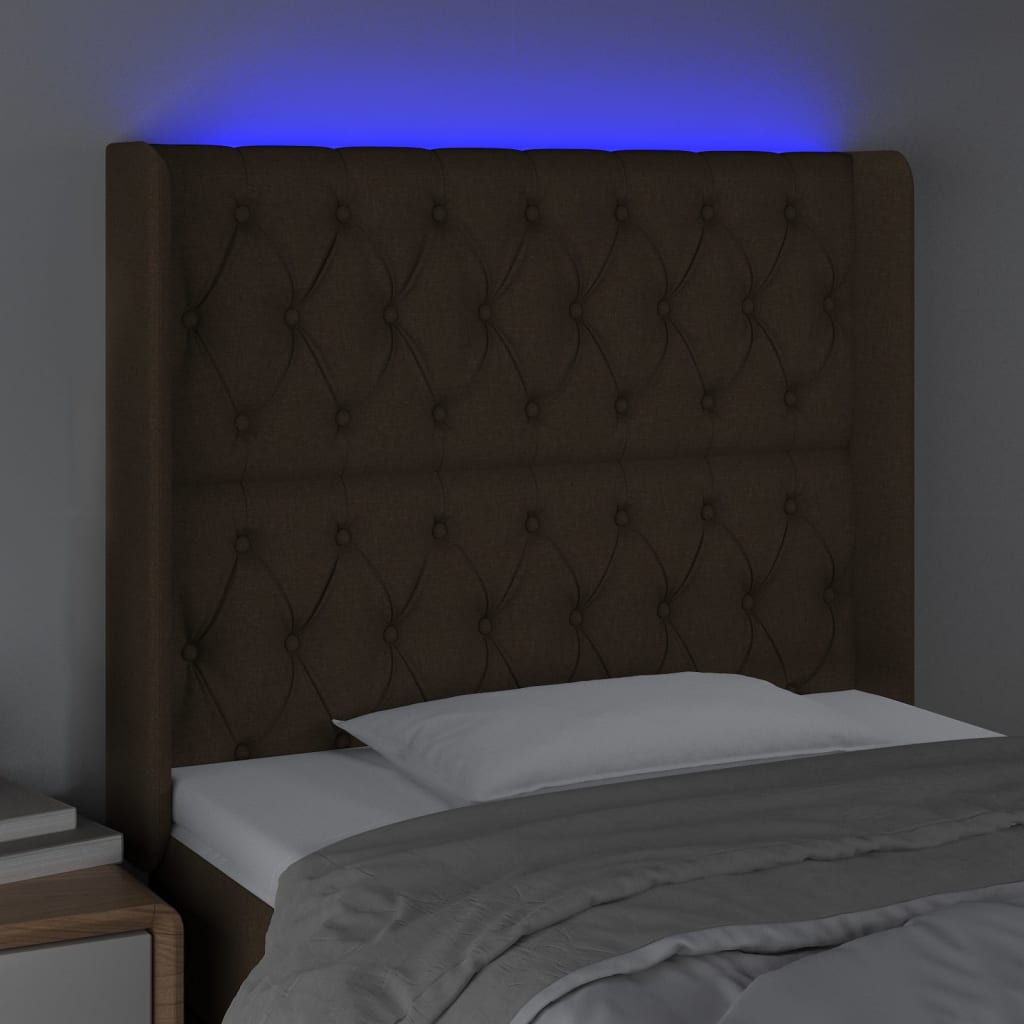 vidaXL Cabeceira de cama c/ luzes LED tecido 103x16x118/128cm castanho