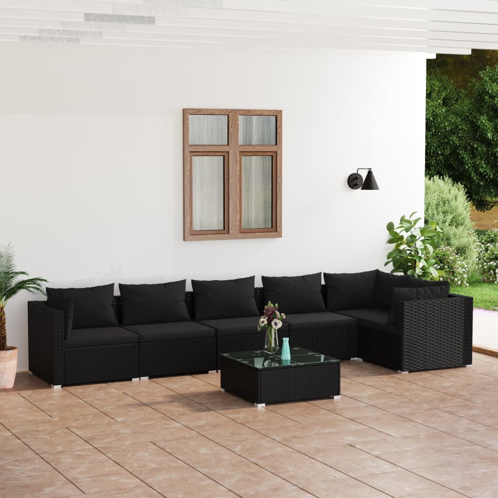 vidaXL 7 pcs conjunto lounge de jardim c/ almofadões vime PE preto