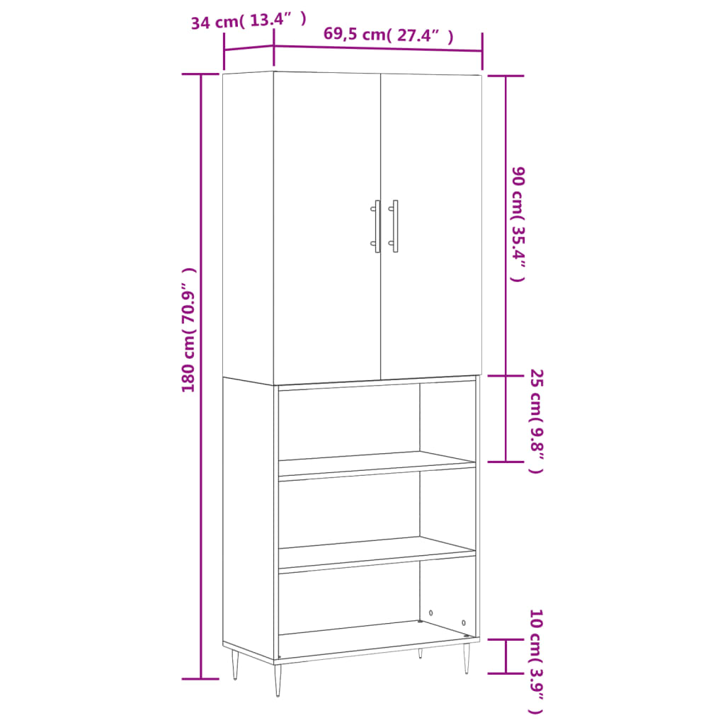 vidaXL Armário alto 69,5x34x180 cm derivados de madeira branco