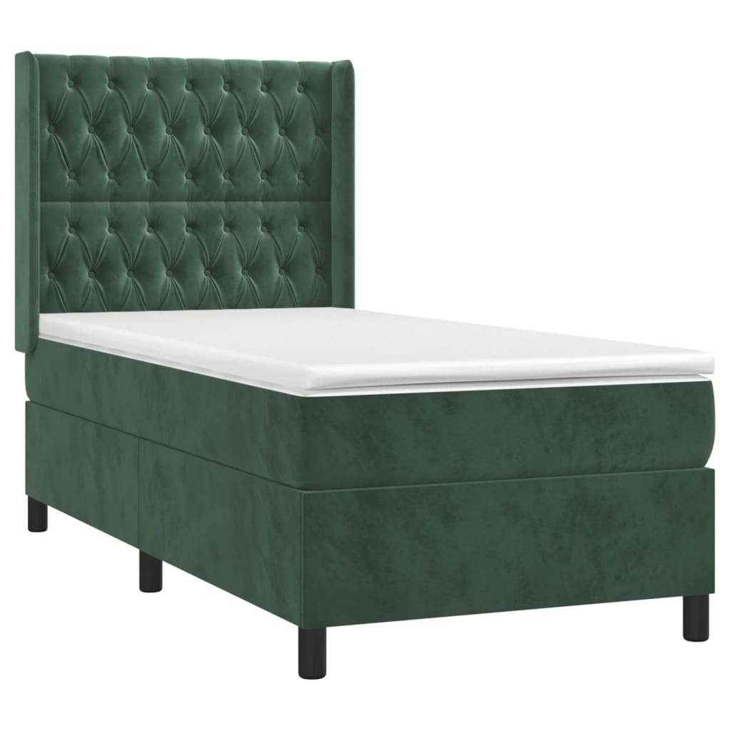 vidaXL Cama box spring c/ colchão/LED 90x200 cm veludo verde-escuro