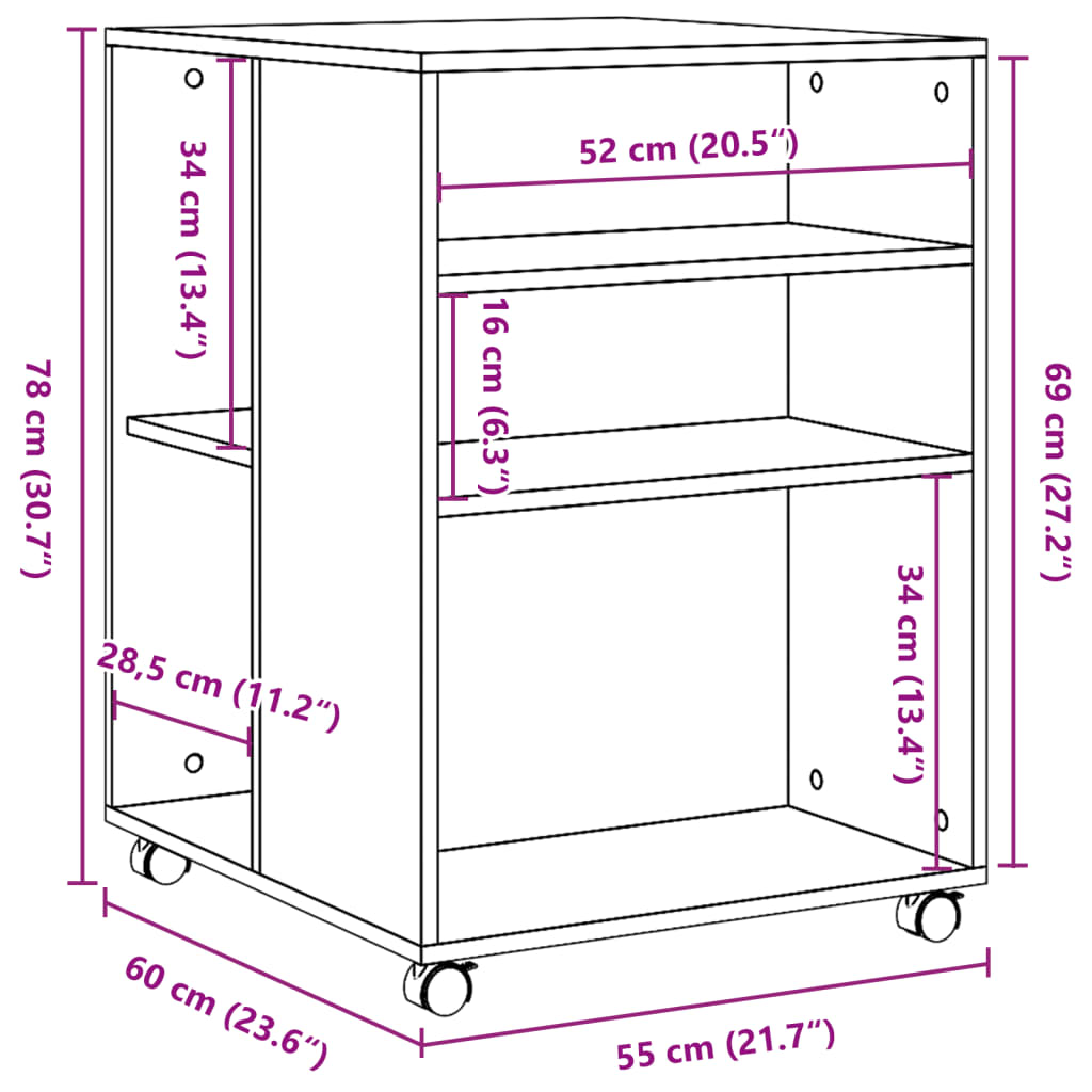 vidaXL Mesa de apoio c/ rodas 55x60x78 cm derivados de madeira branco