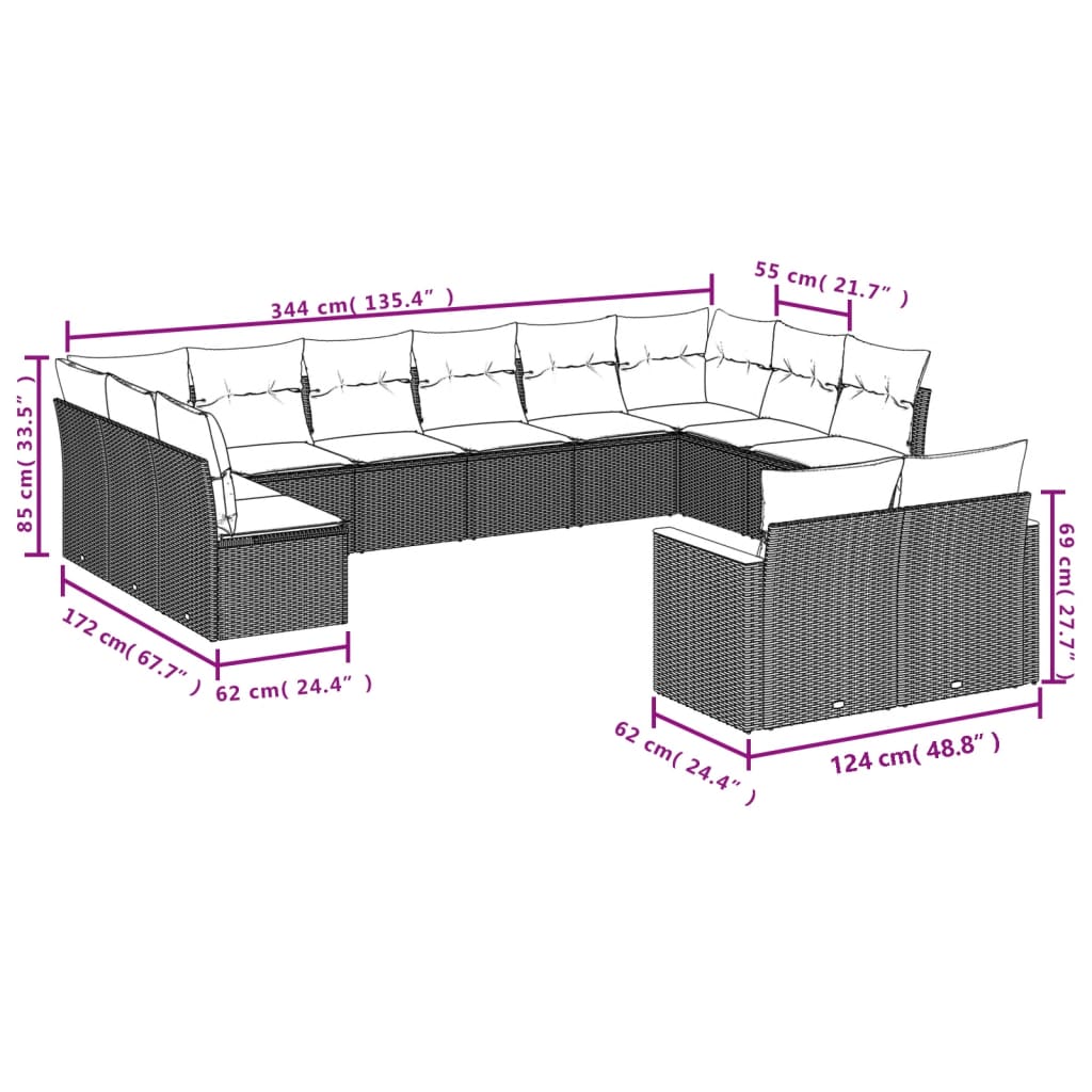 vidaXL 14 pcs conj. sofás jardim c/ almofadões vime PE bege misturado