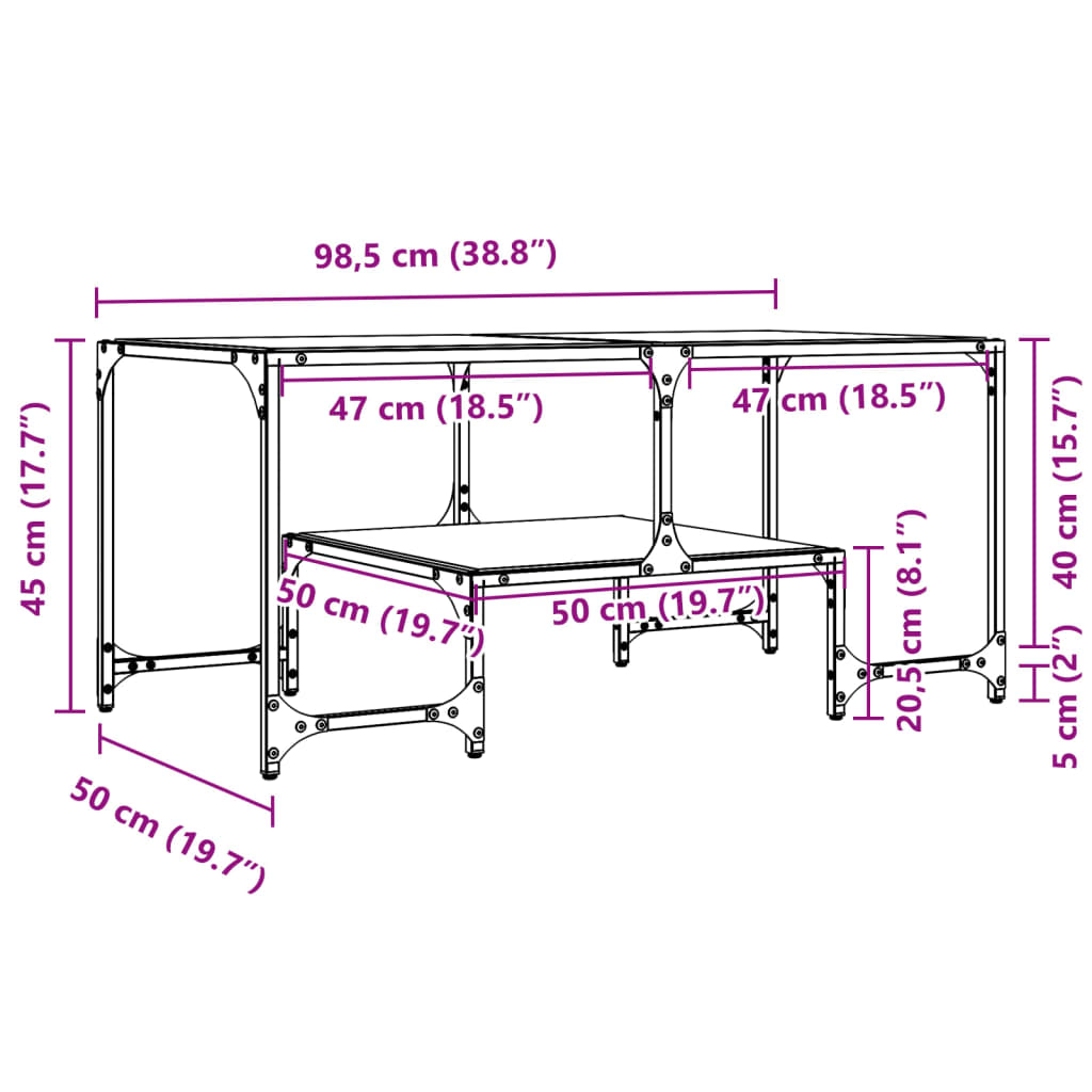 vidaXL Mesa de centro c/ topo em vidro transparente 98,5x50x45 cm aço