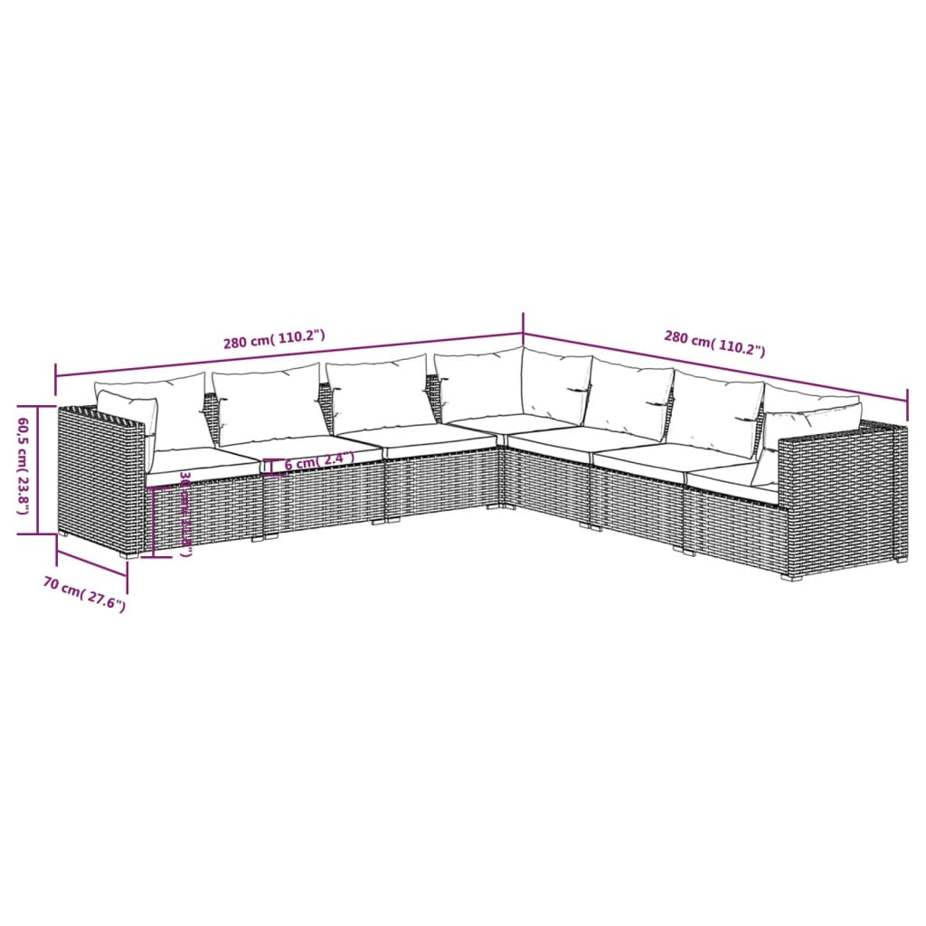 vidaXL 7 pcs conjunto lounge jardim c/ almofadões vime PE castanho