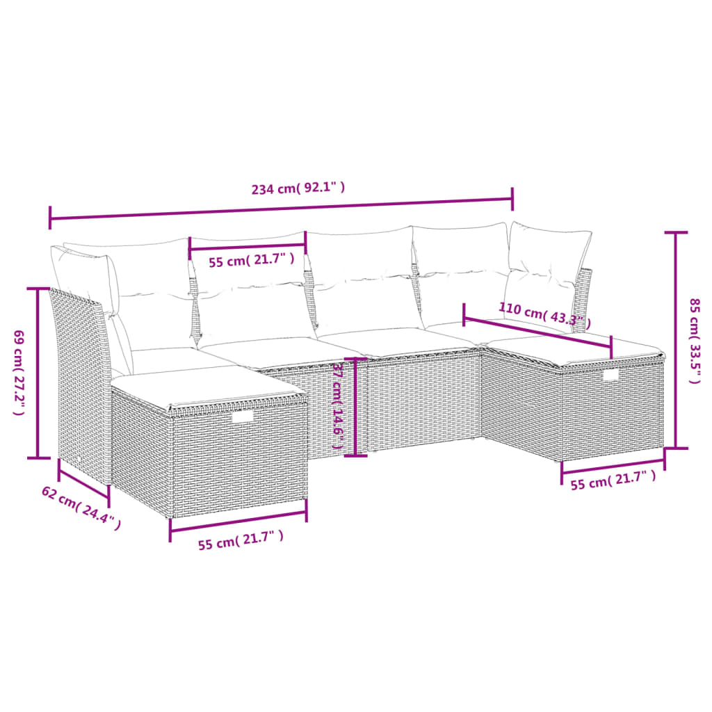 vidaXL 6 pcs conjunto sofás de jardim com almofadões vime cinzento