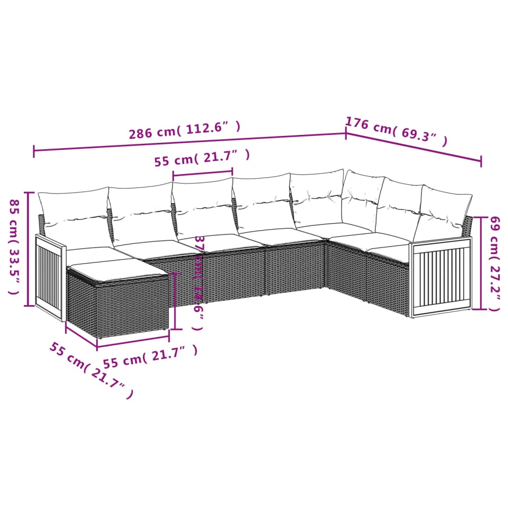 vidaXL 8 pcs conjunto sofás de jardim com almofadões vime PE preto