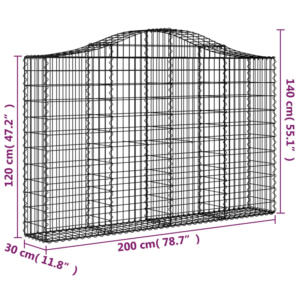 vidaXL Cestos gabião arqueados 8pcs 200x30x120/140cm ferro galvanizado