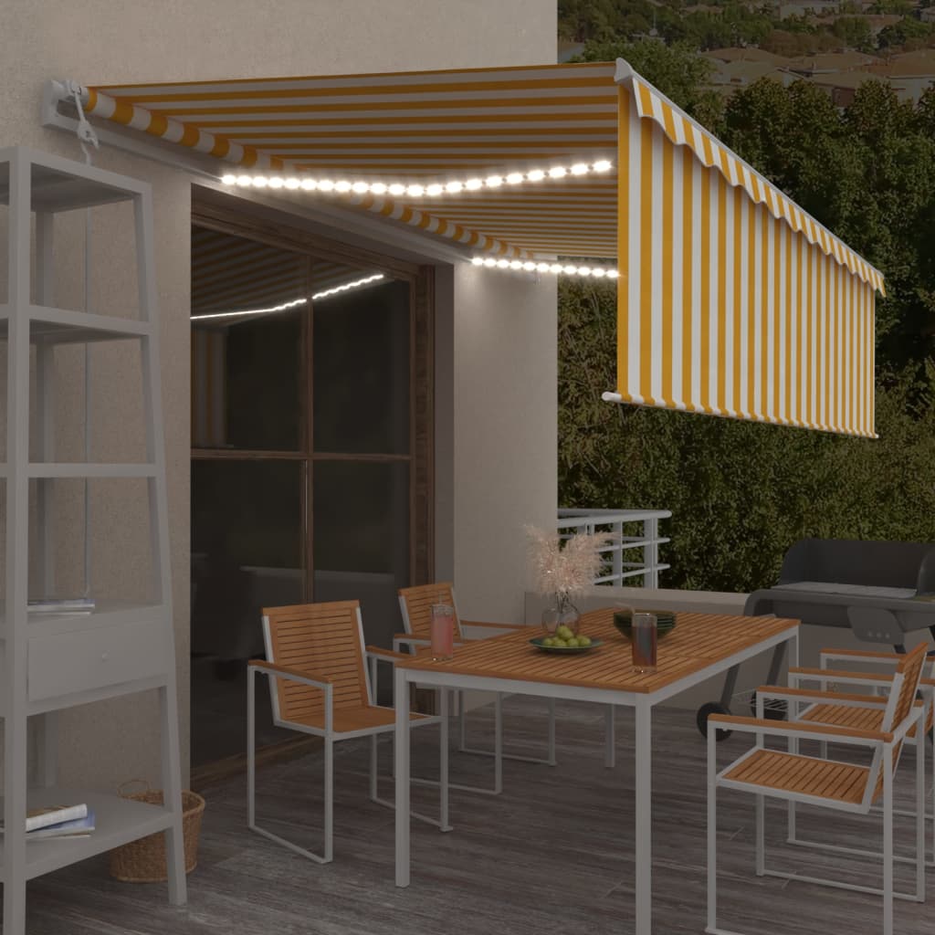 vidaXL Toldo autom. c/ estore/LED/sensor de vento 5x3 m amarelo/branco