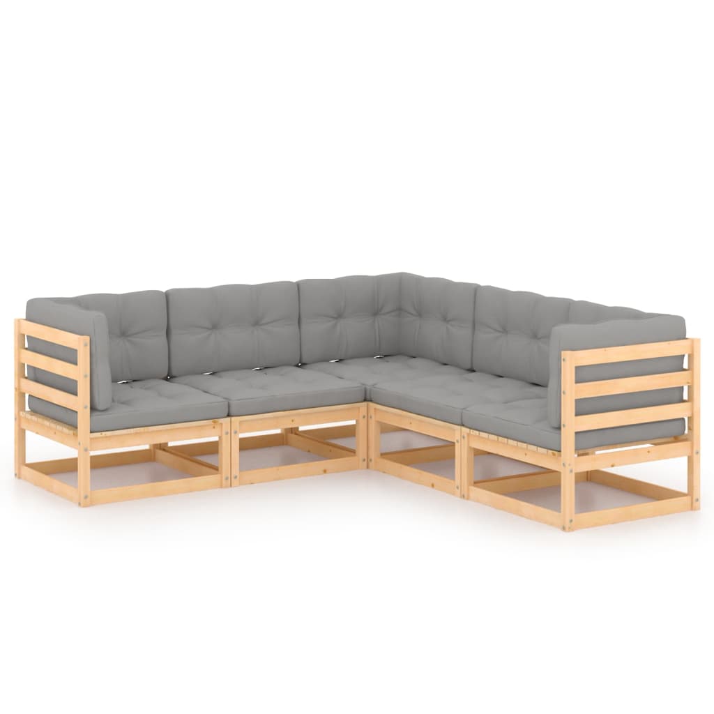 vidaXL 5 pcs conjunto lounge de jardim c/ almofadões pinho maciço