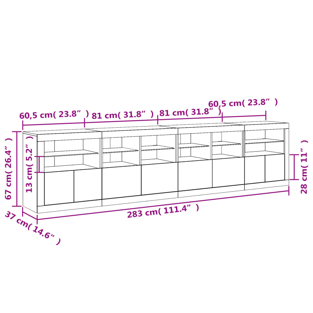 vidaXL Aparador com luzes LED 283x37x67 cm branco