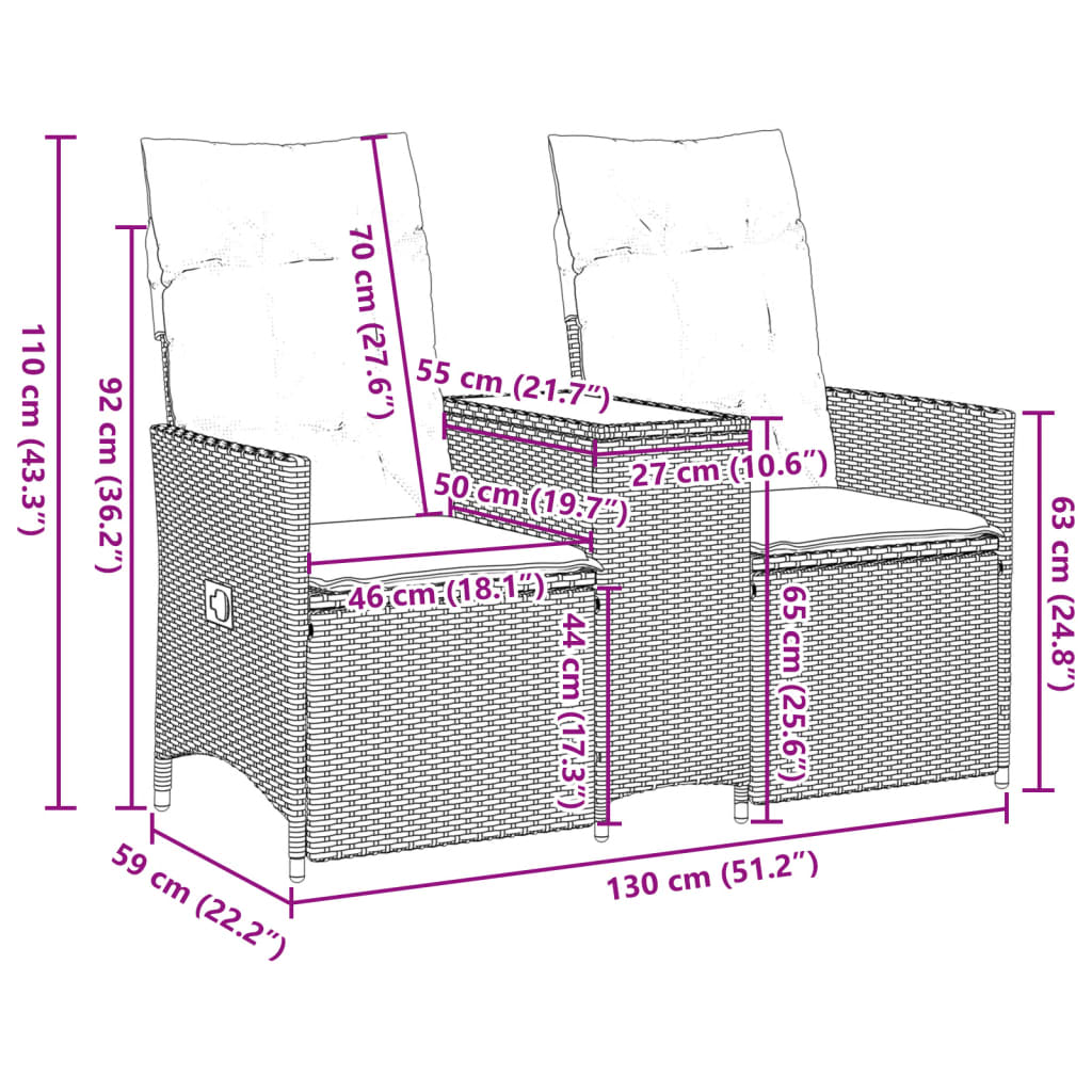 vidaXL Sofá de jardim reclinável 2 lugares com mesa vime PE bege