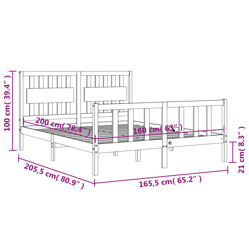 vidaXL Estrutura de cama com cabeceira 160x200 cm madeira maciça