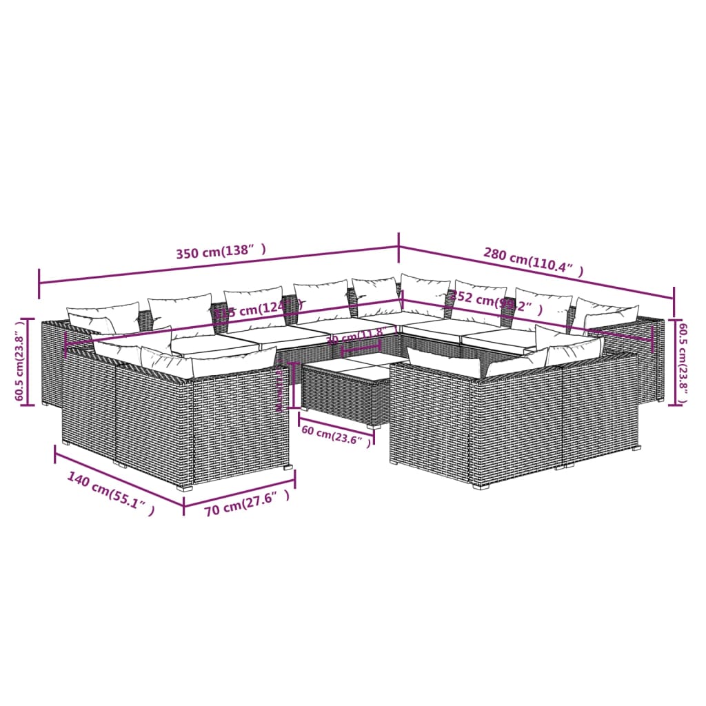 vidaXL 13 pcs conjunto lounge de jardim c/ almofadões vime PE castanho