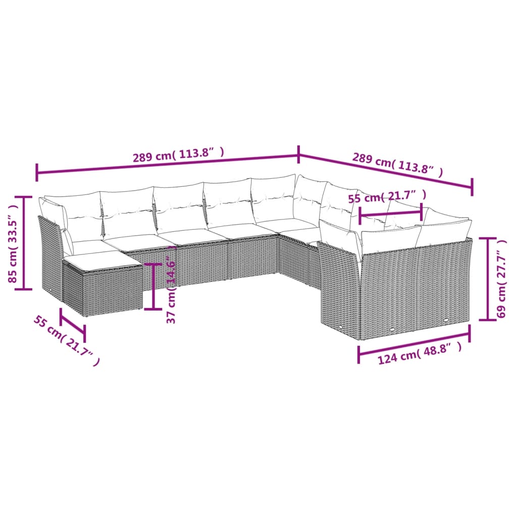 vidaXL 11 pcs conjunto sofás de jardim c/ almofadões vime PE preto