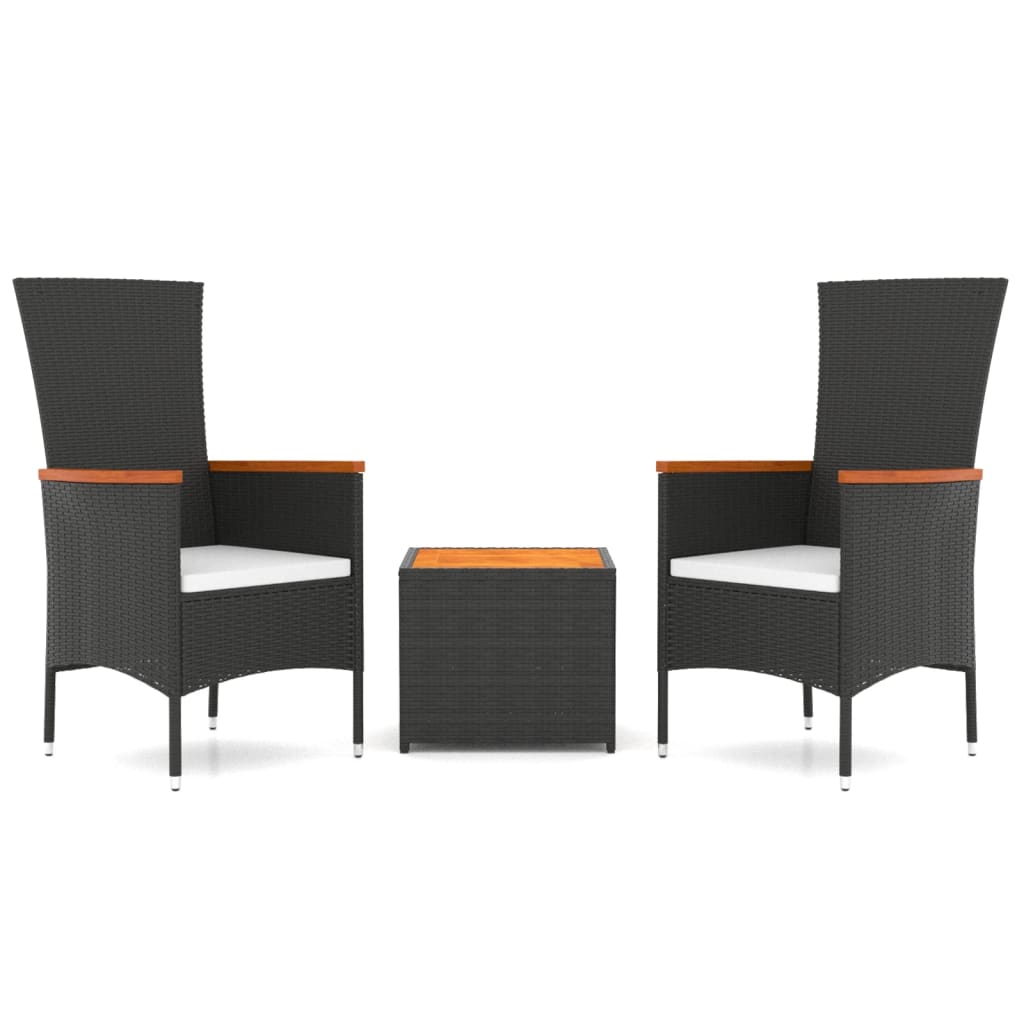 vidaXL 3 pcs conjunto lounge para jardim vime PE/acácia maciça preto