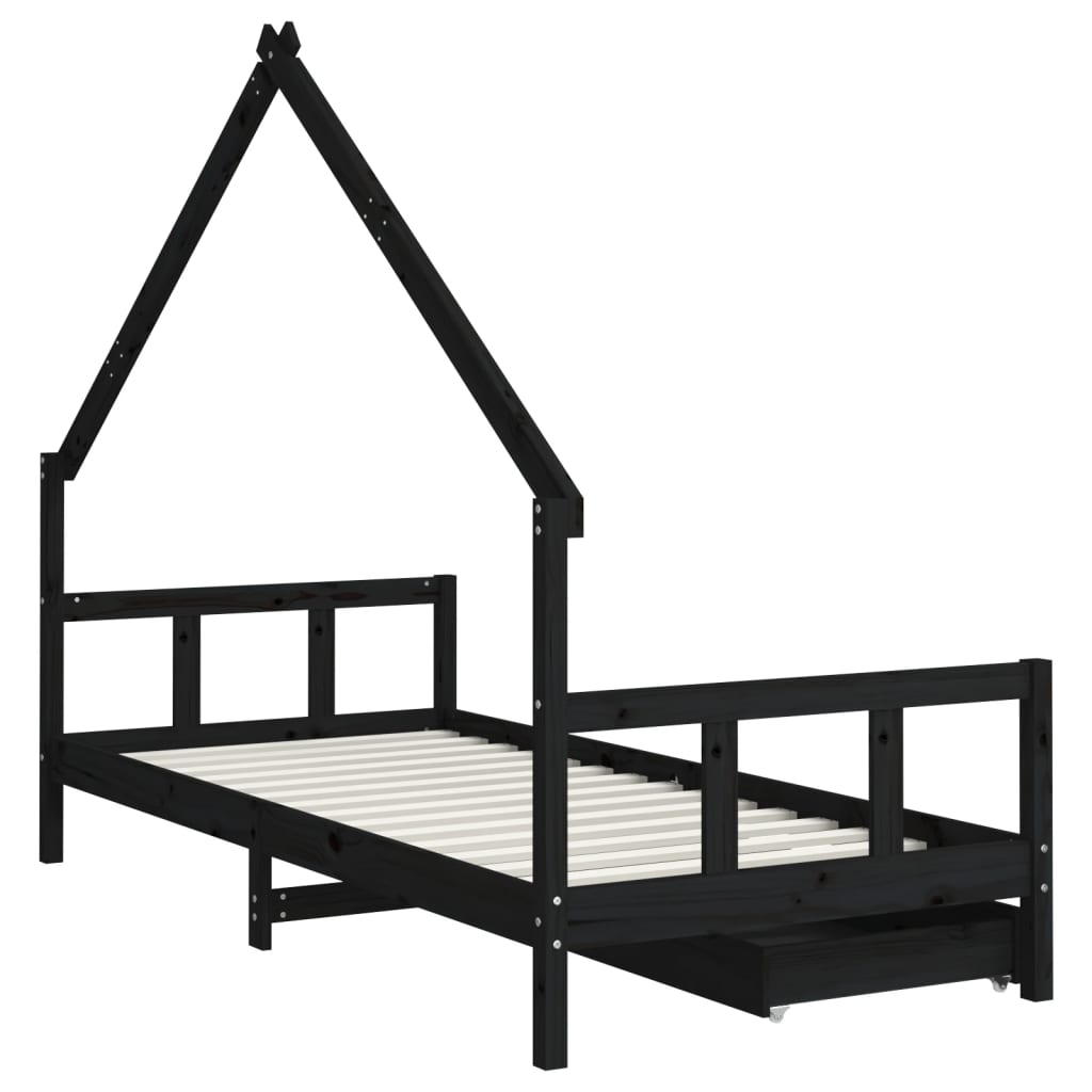 vidaXL Estrutura cama infantil c/ gavetas 90x200 cm pinho maciço preto