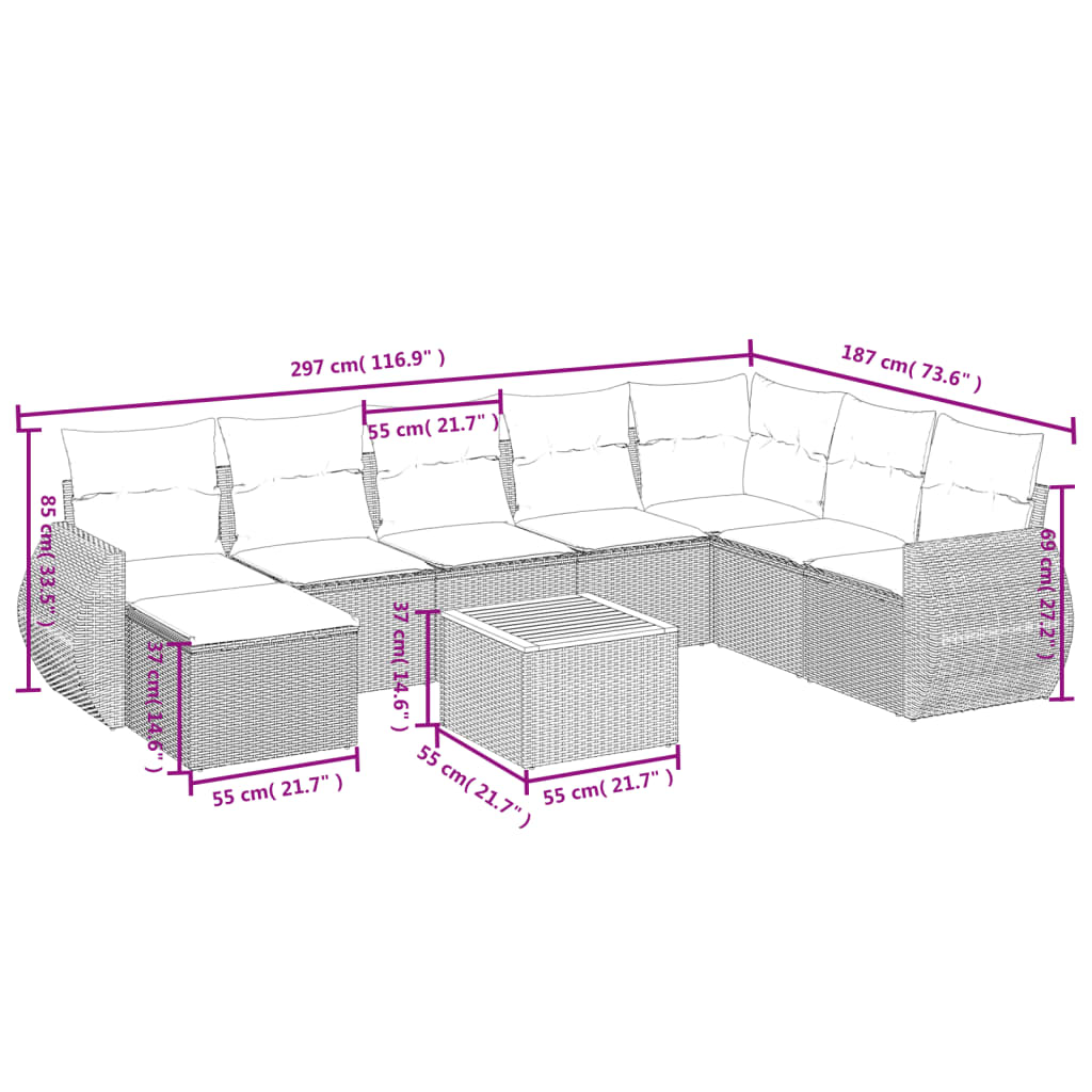 vidaXL 9 pcs conjunto de sofás p/ jardim com almofadões vime PE bege