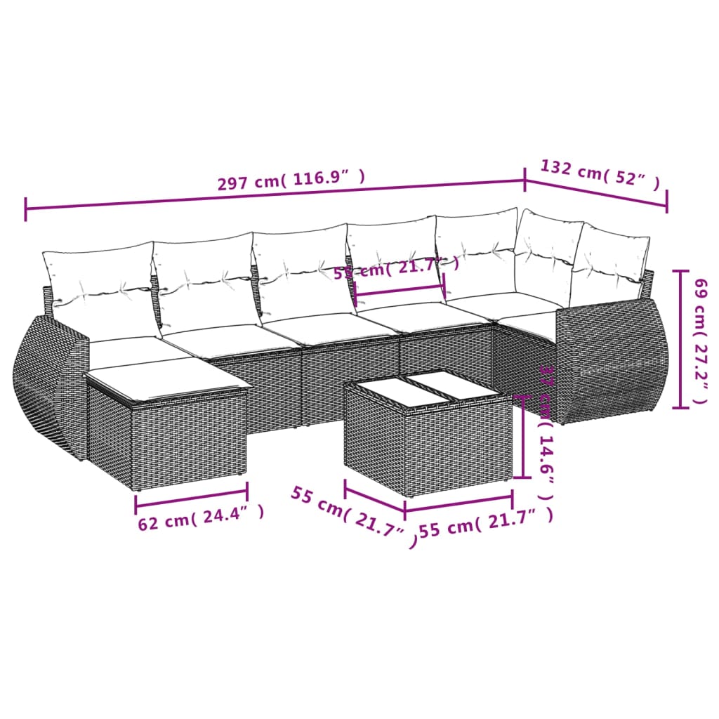 vidaXL 8 pcs conjunto sofás de jardim com almofadões vime PE preto