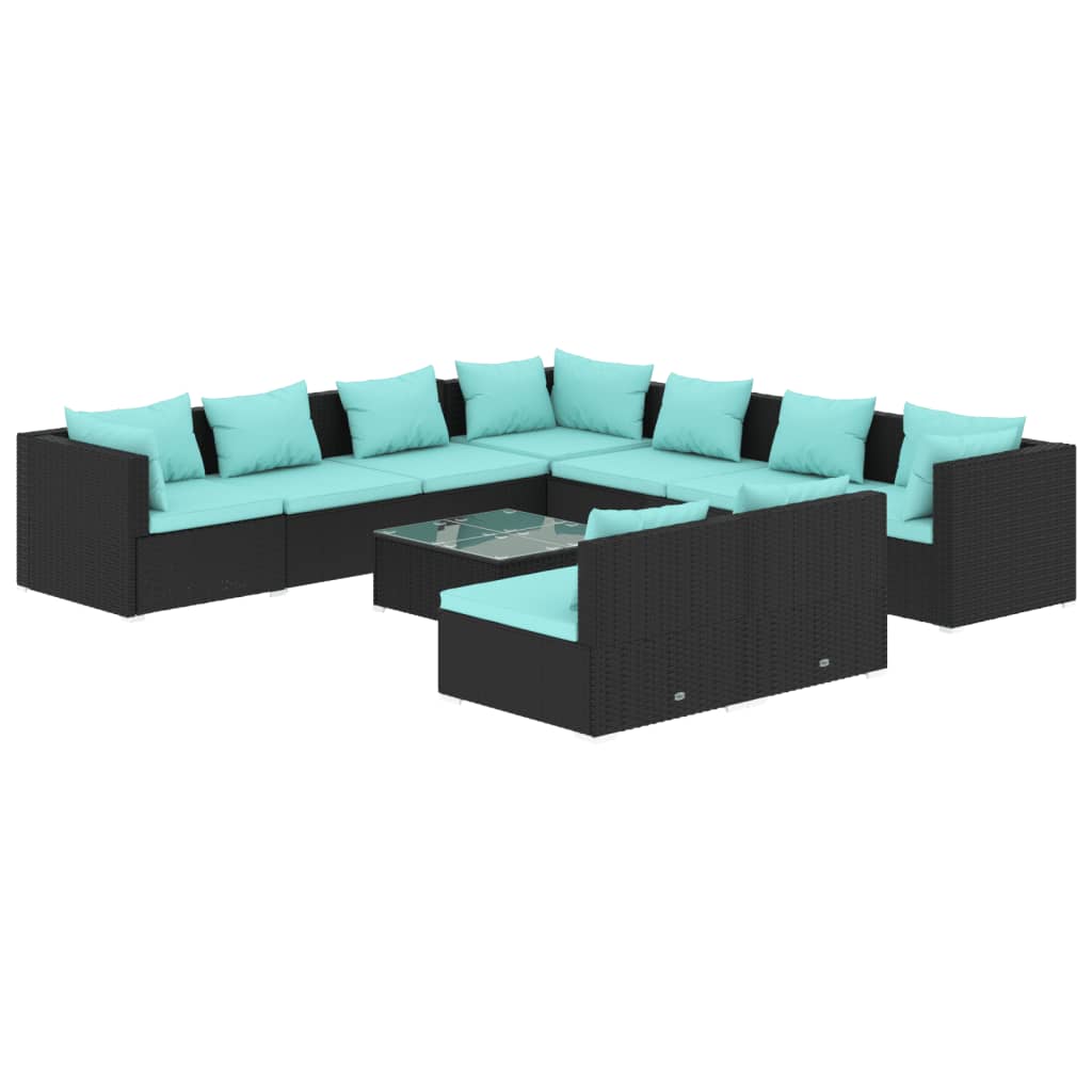 vidaXL 10 pcs conjunto lounge de jardim c/ almofadões vime PE preto